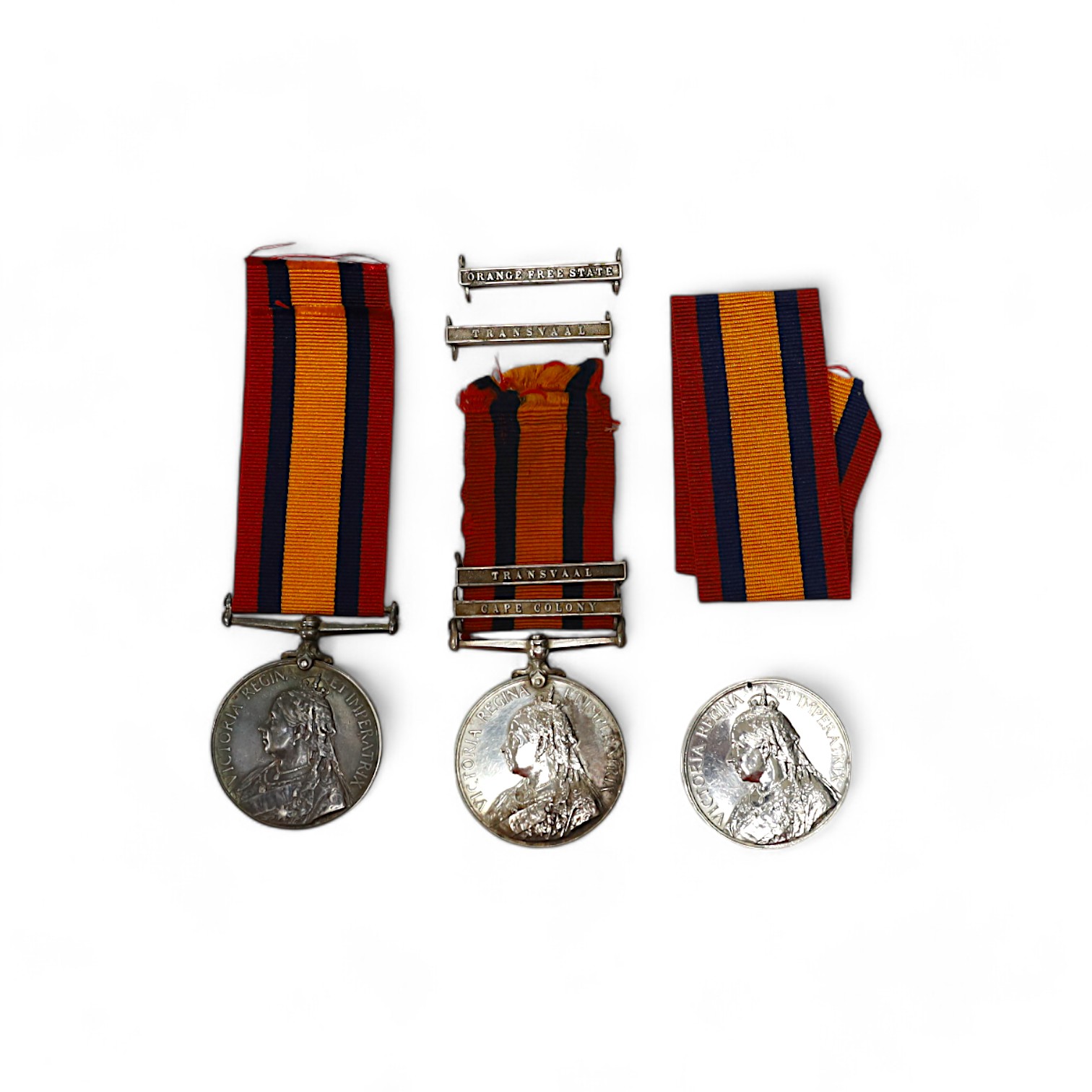 Three Queen's South Africa Medals; Trans & CC to 493 Tpr. T.R.Keegan, W.Prov.M.R.; part erased to 642 Pte E.Boyce Quuenstown Rifle Vol and disc only with Trans and OFS to 2234 Pte J.Martin4th Batt Highland Lt Infy